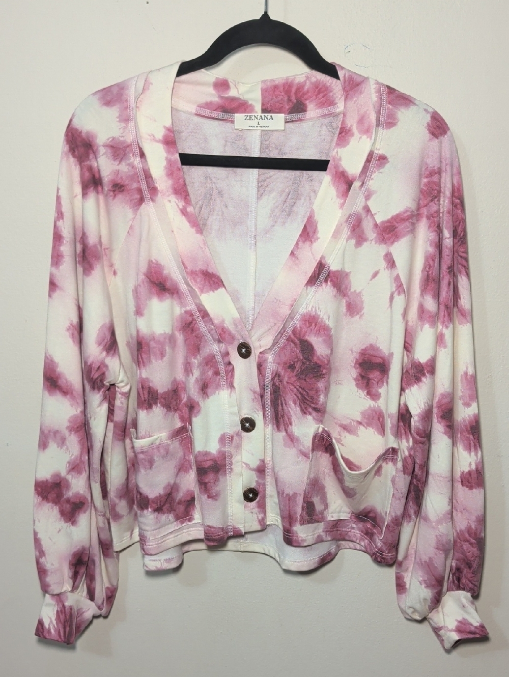 Zenana Pink + Cream Tie-Dye V-Neck Button Cardigan Balloon Sleeves Womens Size L